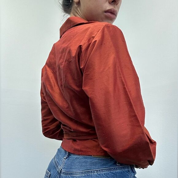 Vintage 100% Silk Rust Red Western Collared Wrap Top Long Sleeve Size M - Picture 2 of 9